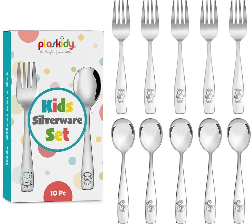 PLASKIDY Kids Silverware Stainless Steel Set of 10 Toddler Utensils Forks and Spoons - Dishwasher Safe Kids Flatware Set Children's Safe Cutlery Set - Image 1